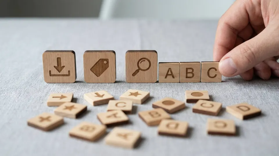 Wooden blocks with icons and letters representing keyword categories and filtering