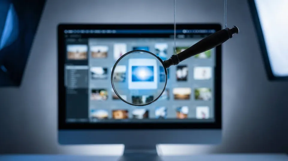 Magnifying glass over photo thumbnails symbolizing keyword research and discoverability