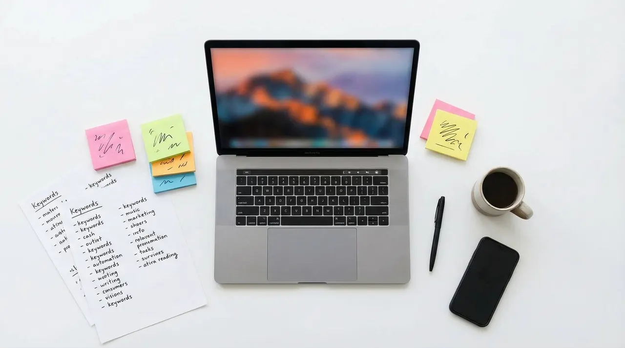 Top-down desk with laptop and keyword notes for a free stock photo keyword generator workflow