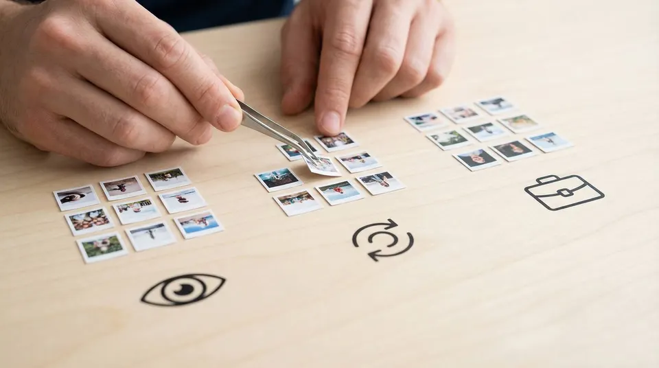 Hands sorting photo thumbnails representing metadata curation and workflow control
