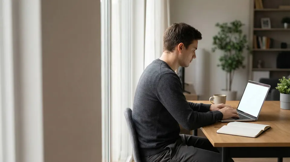 Contributor working at a desk for stock photo keywording and metadata planning
