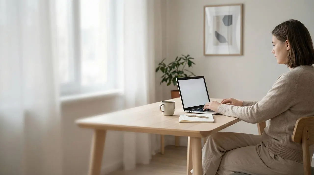 Woman working on a laptop in a minimal home office with copy space