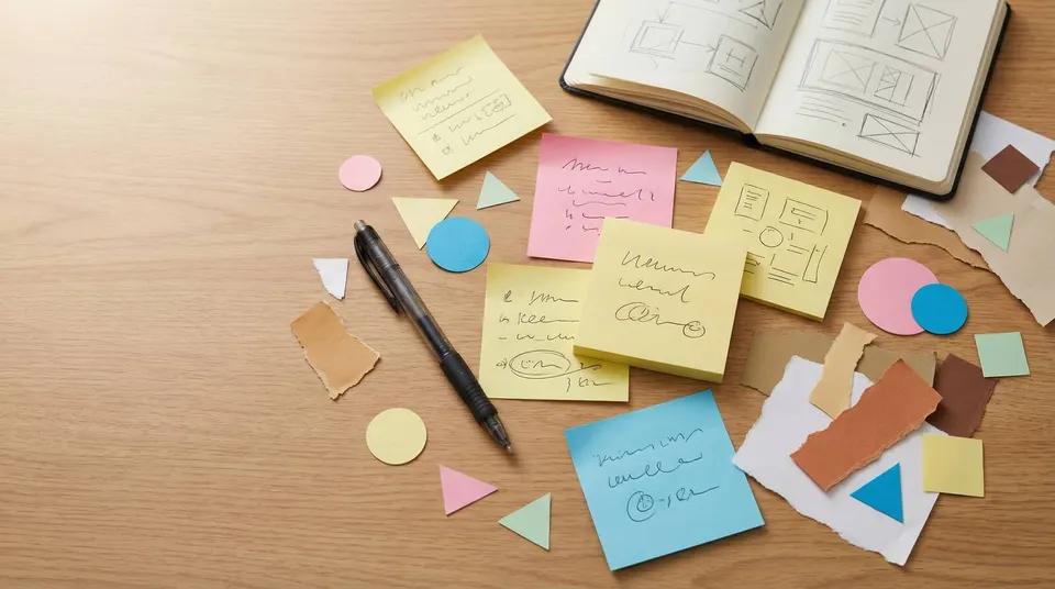 Desk planning scene with sticky notes and sketches representing stock photo keyword planning