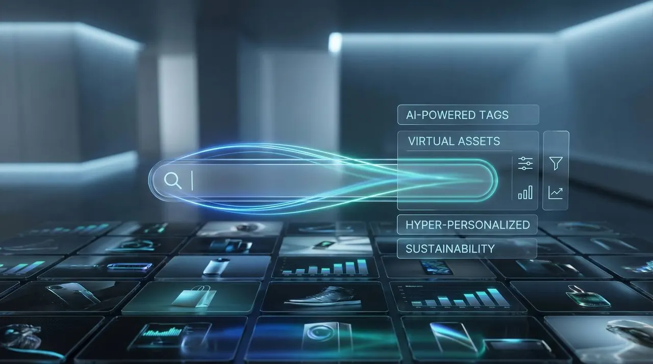 Cinematic collage of stock assets with glowing metadata labels