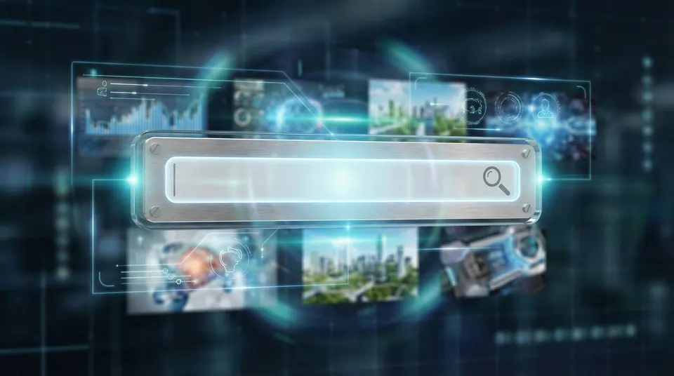 Futuristic search interface over stock thumbnails with metadata tags