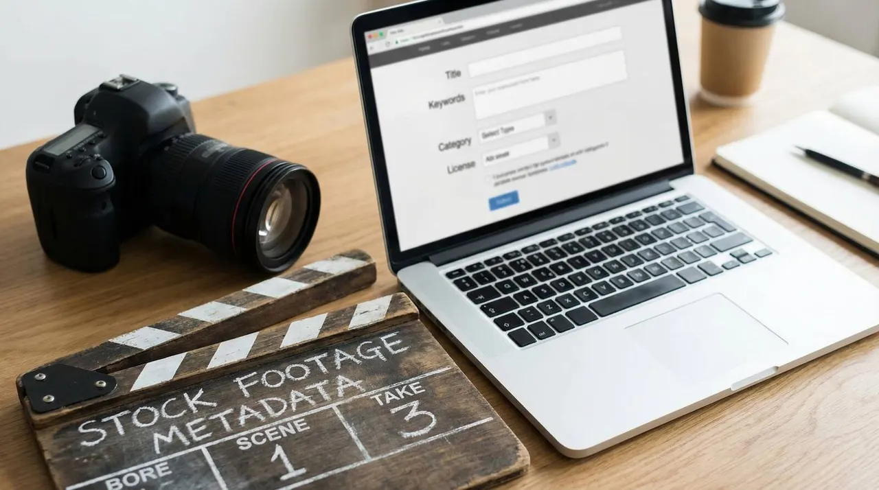 Camera, clapperboard, and laptop showing stock metadata fields
