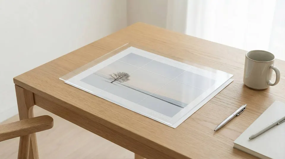 Minimal desk with layout template, notebook, and pen representing metadata templates