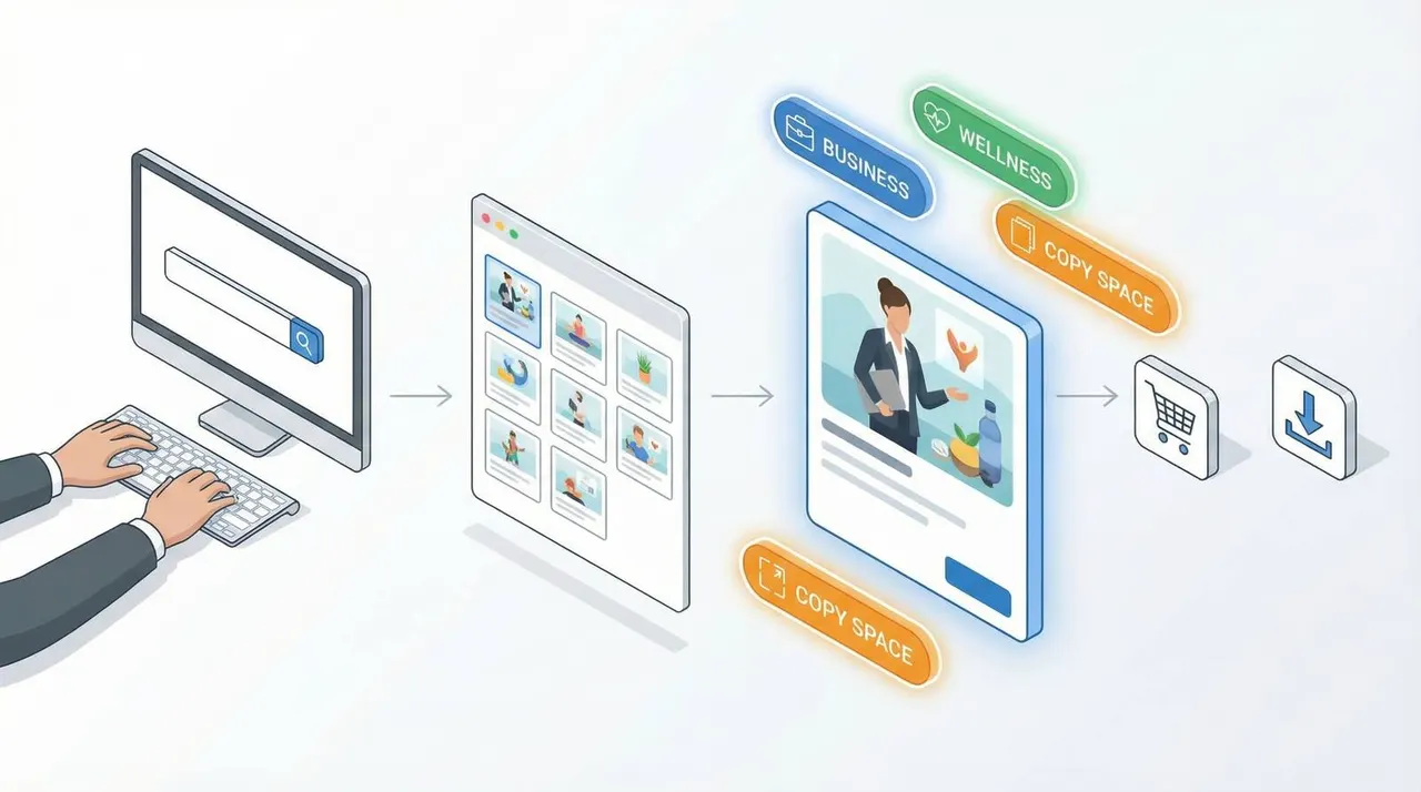 Visual guide showing the 4 stages of microstock production