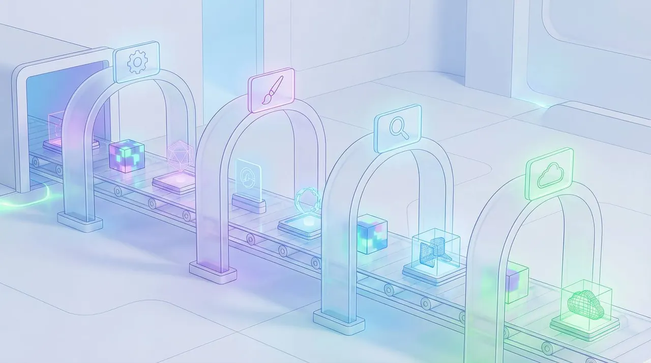 Futuristic assembly line of digital assets moving through stages