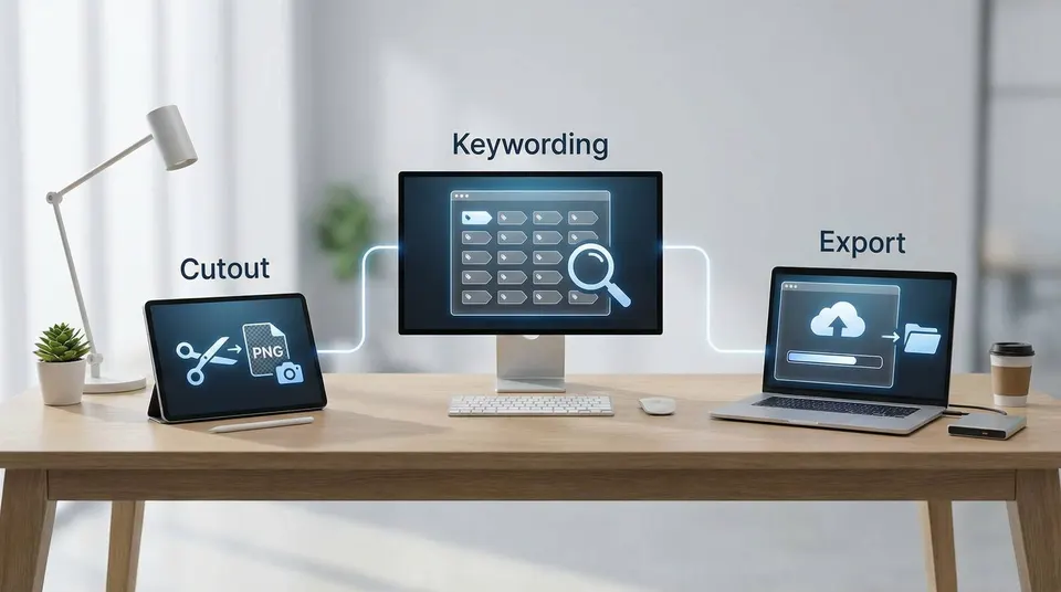 Modern workflow desk setup representing metadata production stages