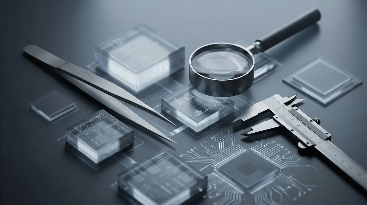 Abstract scene of precision tools and a magnifying glass over assets