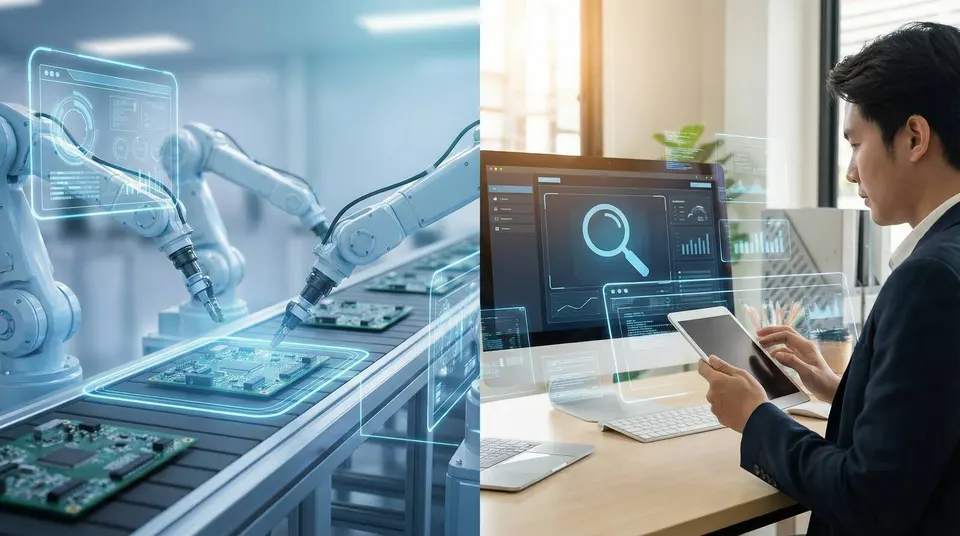 Split view of AI automation and human quality control interfaces