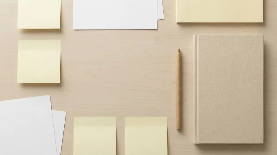 Minimal desk workspace with notebook and copy space for stock metadata planning