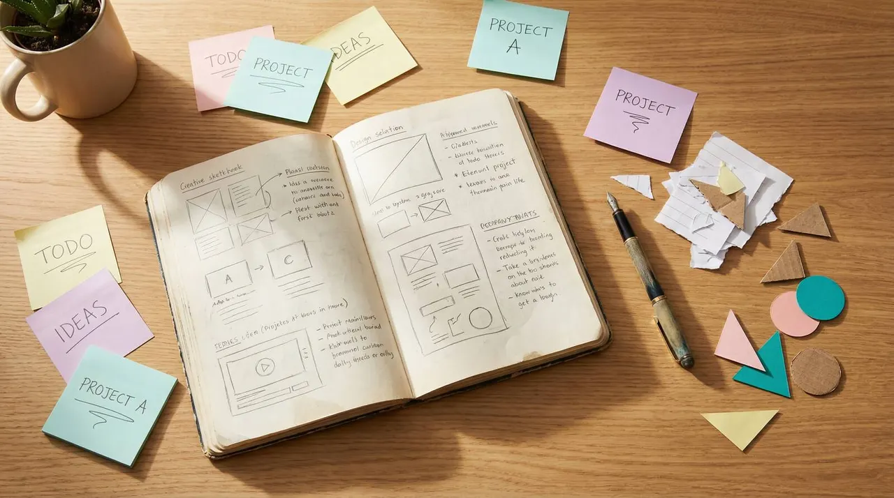 Planning desk with notes and sketches for stock photo legal checklist and releases
