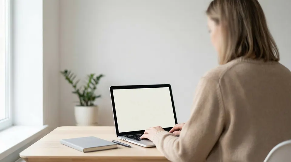 Contributor working at a laptop representing stock metadata workflow and commercial safe compliance