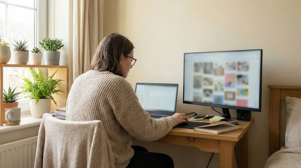 Home office lifestyle scene with creator at desk and copy space