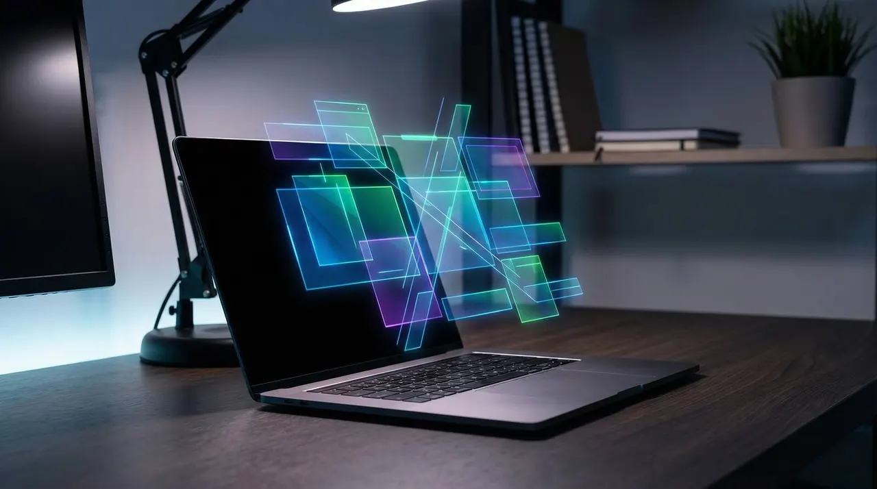 Creative tech concept with neon geometric overlays for modern stock trends