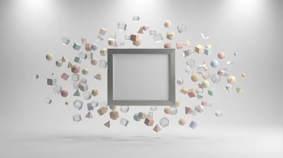 Abstract 3D shapes floating around a central frame symbolizing modular vector systems