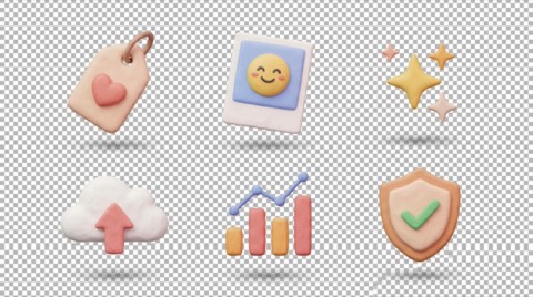 3d pastel icons set with smiling emoji photo, heart tag, shining stars, cloud upload, bar chart, shield badge in soft muted colors