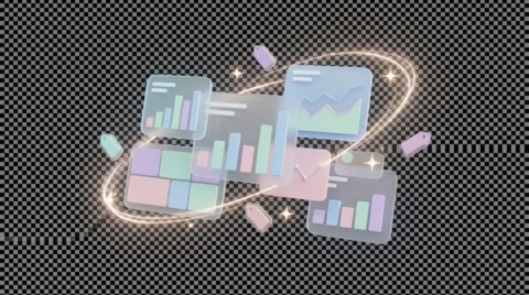 Glowing orbiting pastel data charts and tags with transparent backgrounds futuristic style analytics visualization