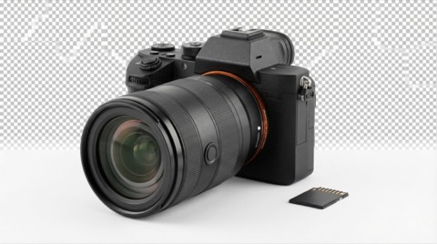 High resolution close up of professional mirrorless black camera with large lens and separate memory card isolated on white surface