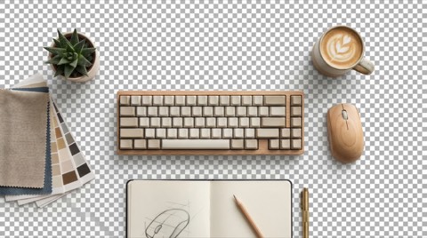 Flat lay overhead view of wooden keyboard mouse cup of latte succulent plant fabric samples and sketch notebook on transparent background
