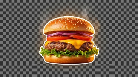 Close up view of juicy cheeseburger with lettuce tomato onion and sesame seed bun isolated on transparent background with steam