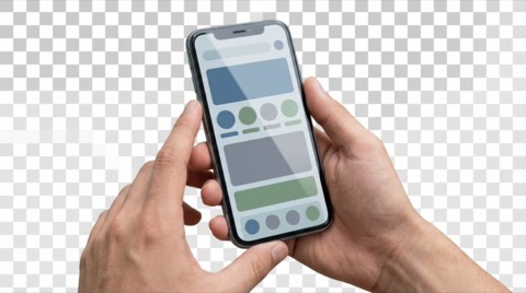 Close up of human hands holding modern smartphone with colorful app interface visible on screen isolated on transparent background