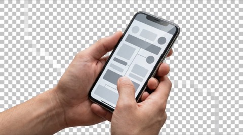 Close up of hands holding smartphone with app interface mockup and thumb interacting with screen isolated