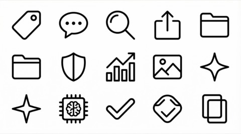 Minimalistic black line art icons set including tag, chat bubble, magnifying glass, share, folder, shield, graph, image, sparkle, chip, and check marks on white background