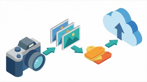 Isometric camera uploading multiple photos with colorful tags to cloud storage from side view vector illustration