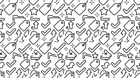 Seamless pattern of black outline tags check marks stars and upload arrows icons on white background