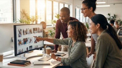 Smiling diverse business team pointing at desktop computer working collaboratively in bright modern office space with morning sunlight