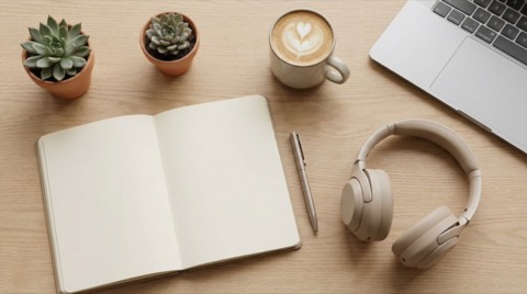 Top view of open blank notebook with pen next to beige headphones and laptop among green succulents and latte art coffee on wooden desk