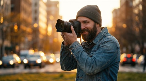 Smiling man in denim jacket and brown beanie taking photos with dslr camera during golden hour city street photography session