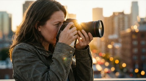 Woman with long brown hair taking photo with professional camera at sunset in urban setting with blurred city background and golden light