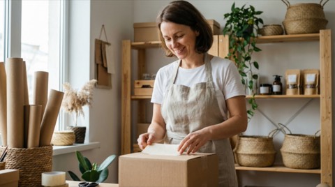 Smiling woman wearing beige apron packing brown cardboard box in natural light home workspace with plants and wicker baskets