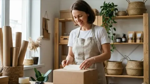 Small business owner packing box