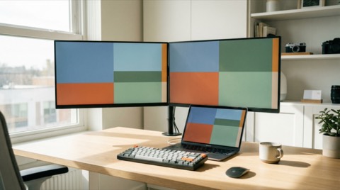 Modern minimalistic workspace with dual monitors and laptop showing abstract color blocks on wooden desk with natural window light