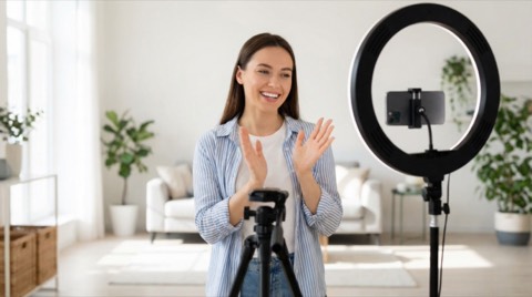 Smiling young woman clapping hands looking at smartphone on tripod inside bright modern living room with ring light