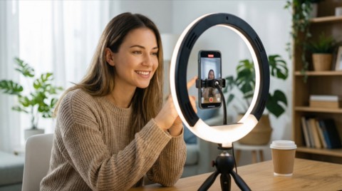 Smiling woman recording video on smartphone with ring light at cozy home office desk indoor casual lifestyle