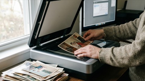 Close up of person scanning old vintage photographs on flatbed scanner next to window in cozy sweater