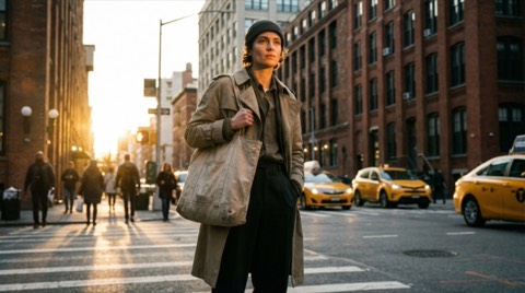 Young woman wearing beige trench coat and beanie standing on city street crosswalk with yellow taxis in sunset urban environment