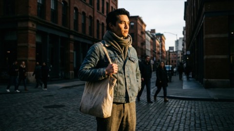 Young man in denim jacket and scarf standing with tote bag on cobblestone street in golden hour urban city scene