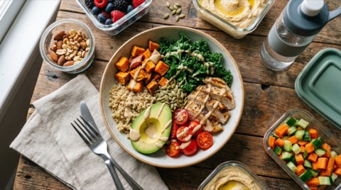 Top view grilled chicken quinoa bowl with avocado kale cherry tomatoes pumpkin seeds and roasted sweet potatoes on rustic wooden table