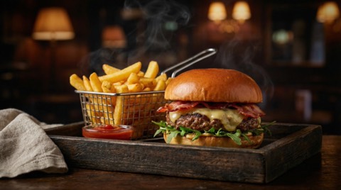 Close up burger with melted cheese and bacon on brioche bun served with crispy fries in metal basket on wooden tray