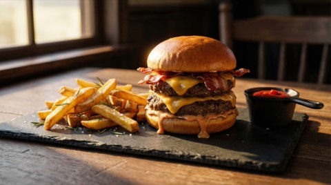 Close up double cheeseburger with melted cheese and crispy bacon served with golden french fries and ketchup on rustic wooden table