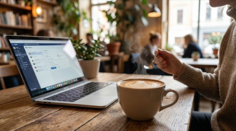 Cozy coffee shop scene with steaming latte in white cup and person stirring spoon next to open laptop on wooden table