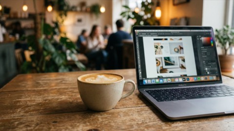 Close up of latte coffee cup next to open laptop showing graphic design workspace in cozy cafe with natural lighting