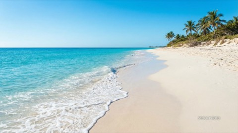 Wide angle landscape of empty white sand beach with turquoise water and palm trees on sunny clear sky day, gentle waves